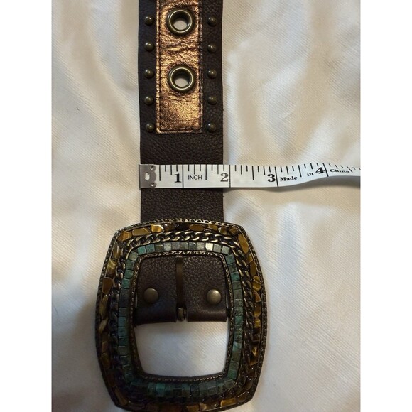 Boho Wide Leather Belt Beaded Stone Buckle Brown Studded Western Festival  Belt